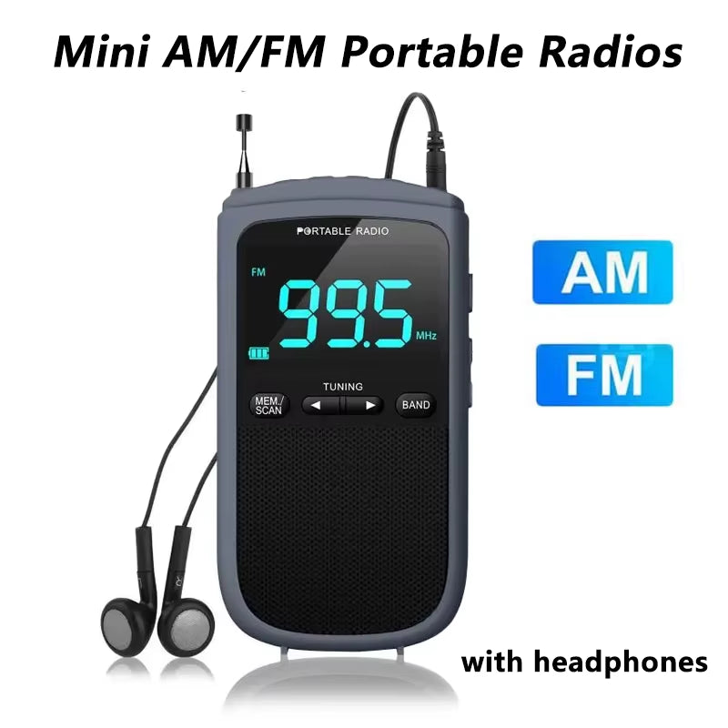 Mini AM/FM Portable Radios Pocket Receiver Stereo Speaker Rechargeable Radio with Alarm Clock for Outdoor Weather Broadcast