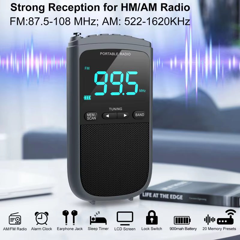 Mini AM/FM Portable Radios Pocket Receiver Stereo Speaker Rechargeable Radio with Alarm Clock for Outdoor Weather Broadcast