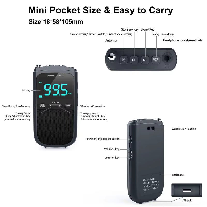 Mini AM/FM Portable Radios Pocket Receiver Stereo Speaker Rechargeable Radio with Alarm Clock for Outdoor Weather Broadcast