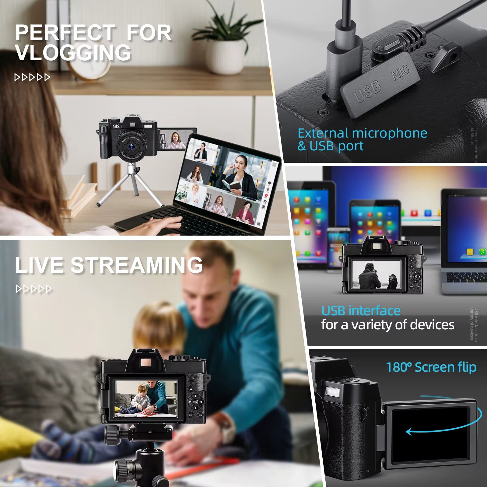 Macro Lens 4K Digital Camera Flip Screen Selfie Camcorder 48MP Youtube WIFI Webcam Vintage Video Recorder 16X Digital Zoom