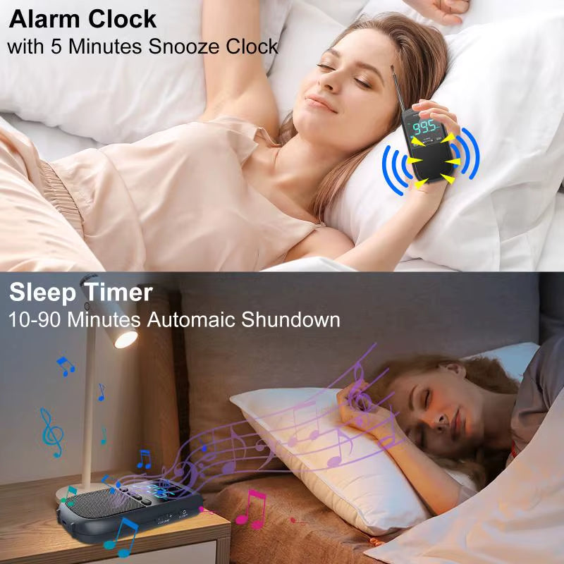 Mini AM/FM Portable Radios Pocket Receiver Stereo Speaker Rechargeable Radio with Alarm Clock for Outdoor Weather Broadcast