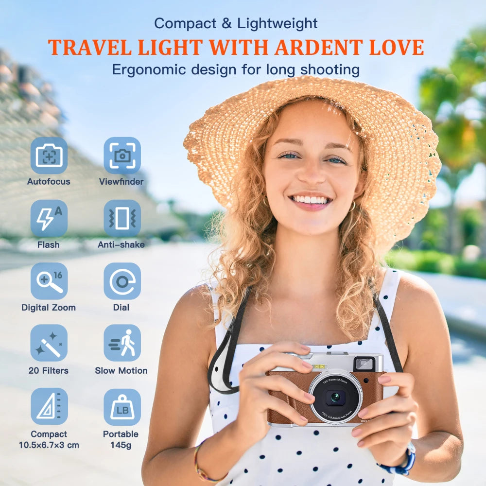 4K Digital Camera Auto Focus 48MP Vlogging Camera for Youtube and Anti-Shake Video Camera with Viewfinder Flash & Dial (Brown)