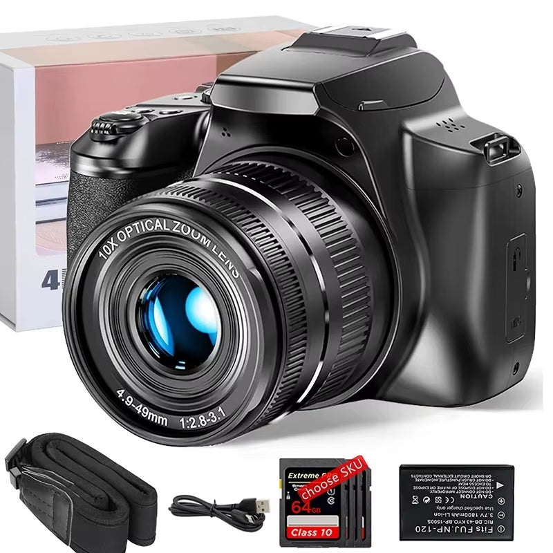 Digital Camera 4K 64MP Digital SLR Camera for Photography & Video 10X Optical Zoom Professional Cameras for Youtube with Flash